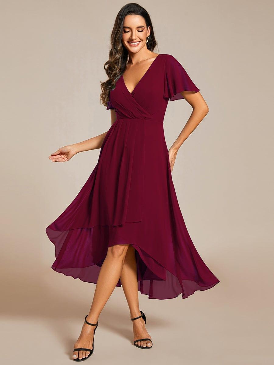 Chiffon Elegance Short Sleeve High-Low Wedding Guest Dress #color_Burgundy