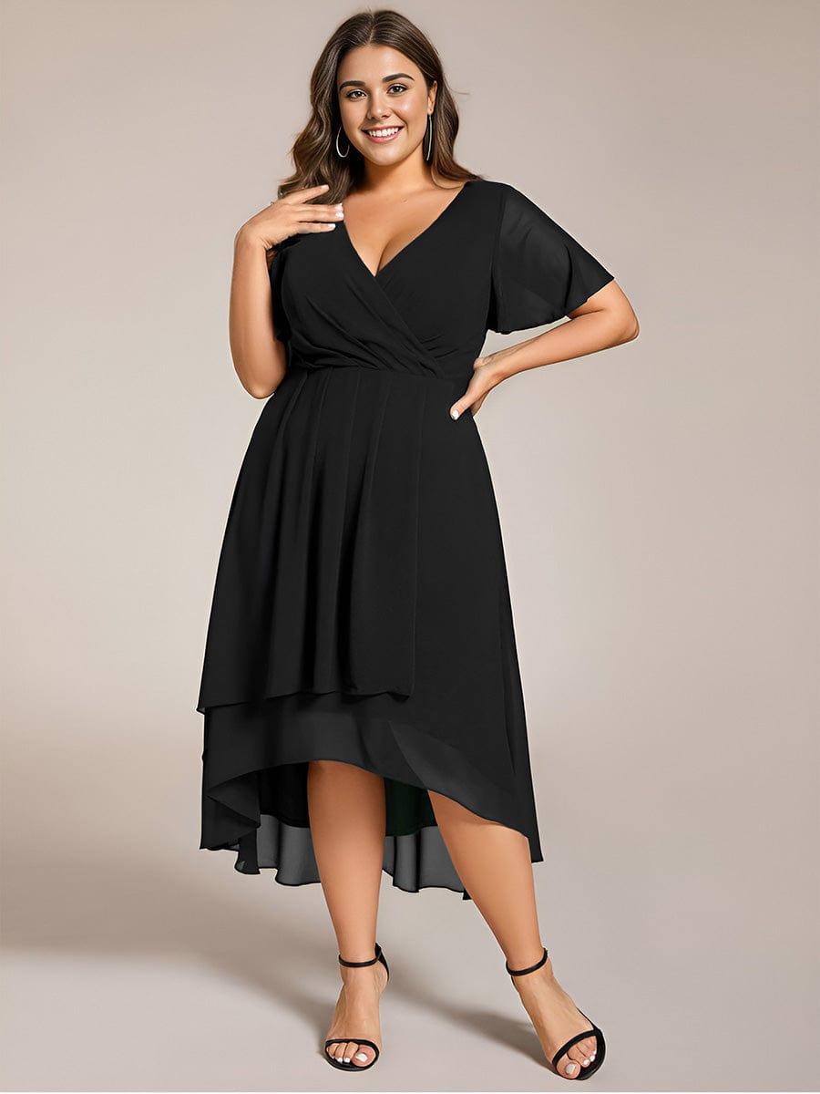 Chiffon Elegance Short Sleeve High-Low Bridesmaid Dress #color_Black