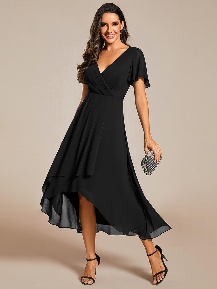 Chiffon Elegance Short Sleeve High-Low Bridesmaid Dress #color_Black