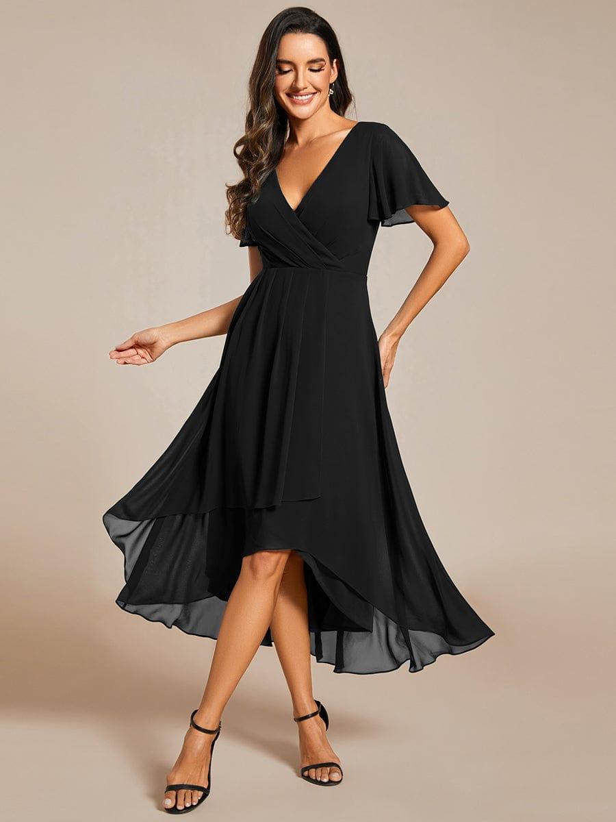 Chiffon Elegance Short Sleeve High-Low Wedding Guest Dress #color_Black