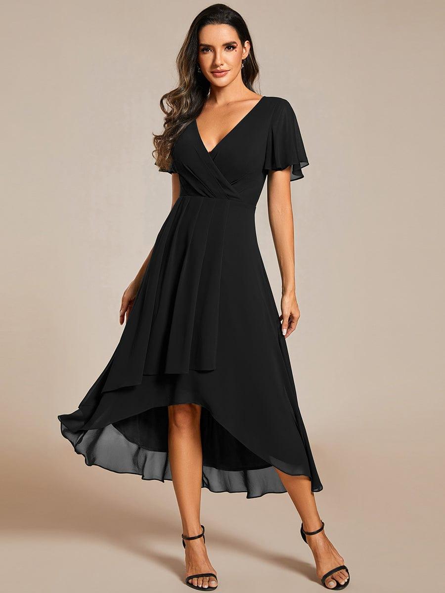 Chiffon Elegance Short Sleeve High-Low Bridesmaid Dress #color_Black