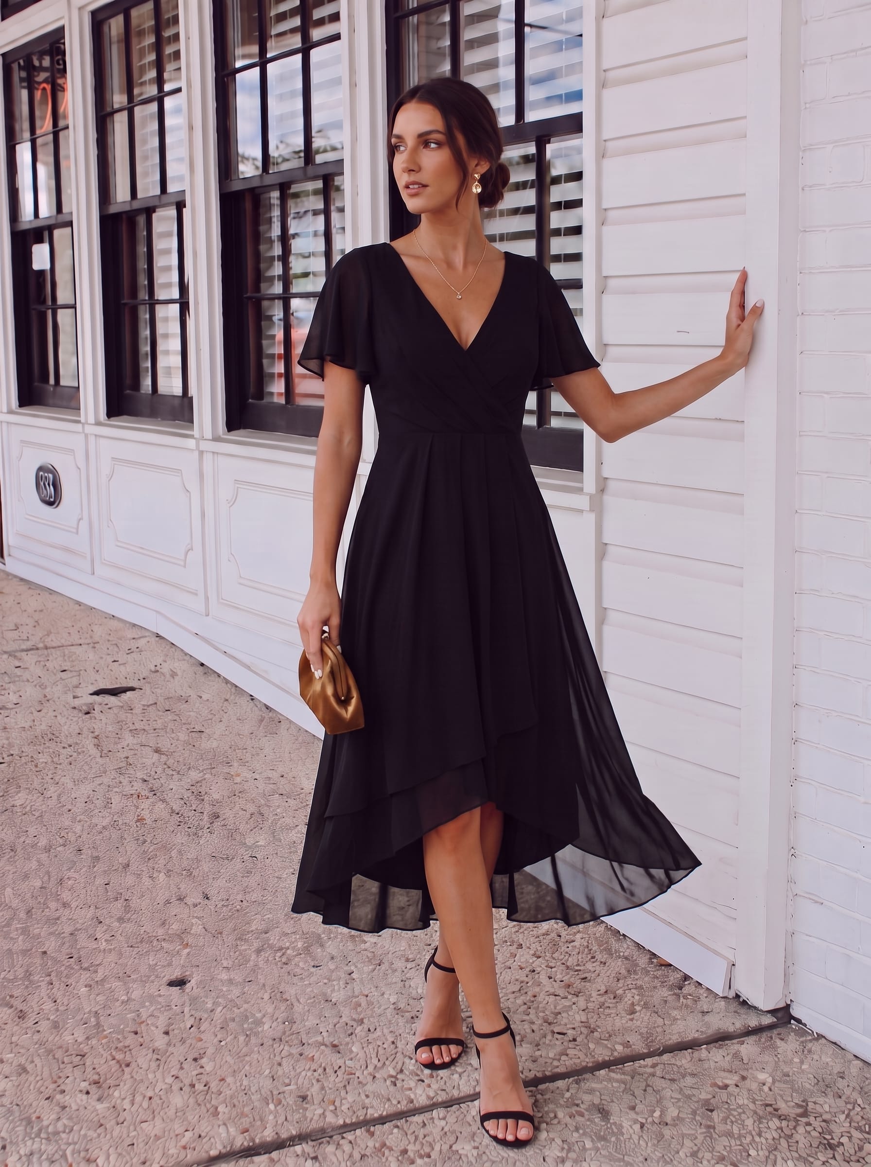 Chiffon Elegance Short Sleeve High-Low Wedding Guest Dress #color_Black