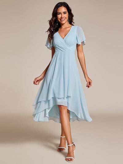 Chiffon Elegance Short Sleeve High-Low Bridesmaid Dress #color_Sky Blue