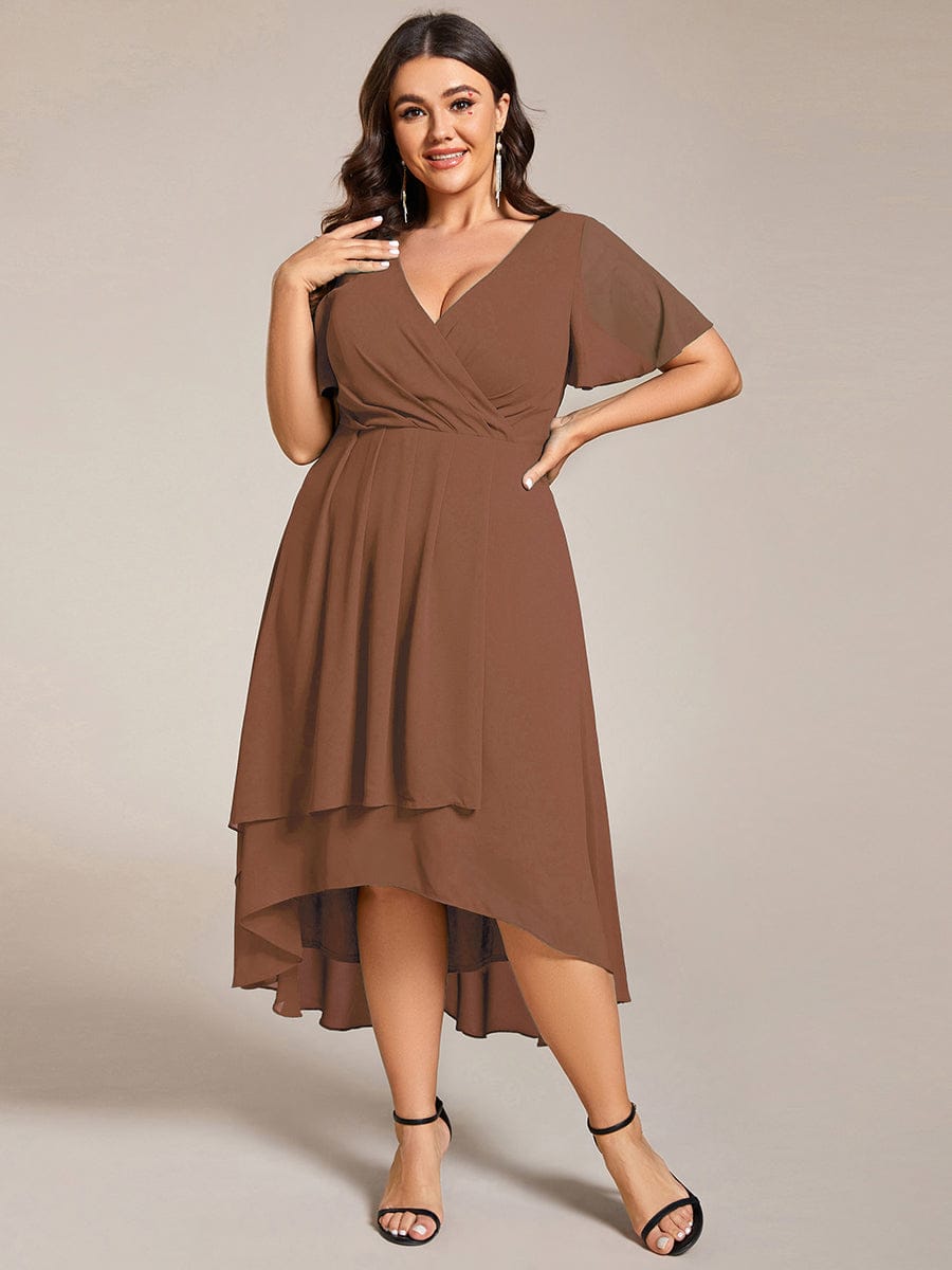 Floral Chiffon Elegance Short Sleeve High-Low Wedding Guest Dress #color_Brown