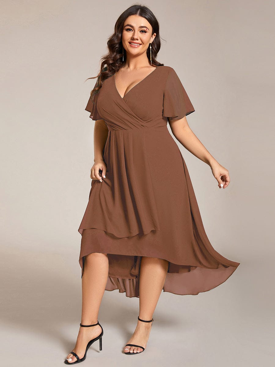 Floral Chiffon Elegance Short Sleeve High-Low Wedding Guest Dress #color_Brown