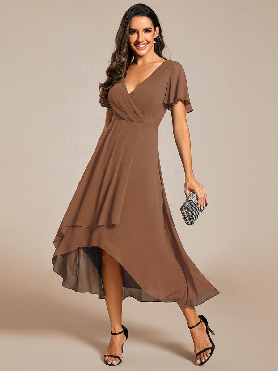 Floral Chiffon Elegance Short Sleeve High-Low Wedding Guest Dress #color_Brown