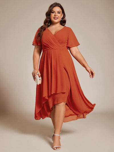 Plus Size Chiffon Short Sleeve High-Low Wedding Guest Dress #color_Burnt Orange
