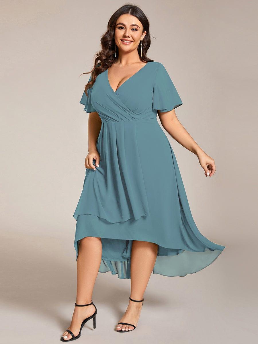 Plus Size Chiffon Short Sleeve High-Low Wedding Guest Dress #color_Light Teal
