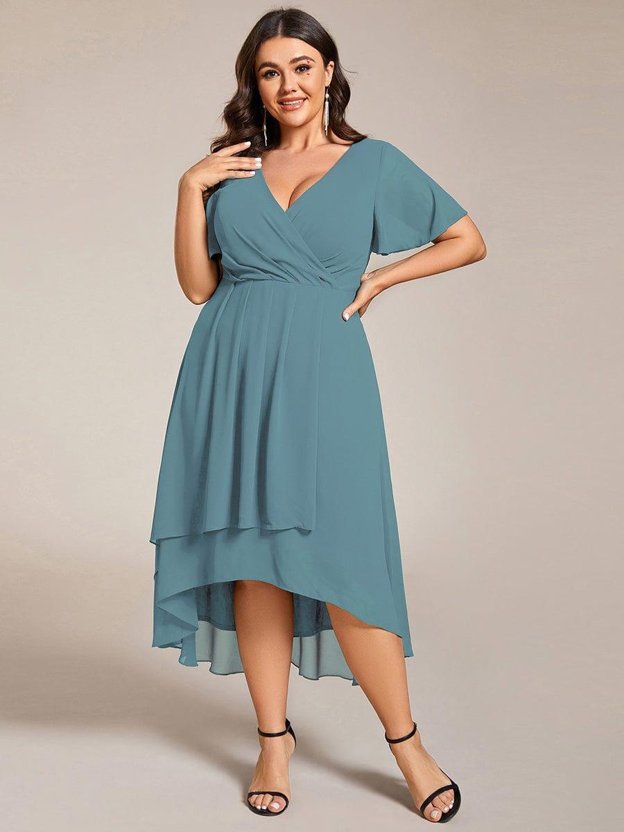 Chiffon Elegance Short Sleeve High-Low Wedding Guest Dress #color_Light Teal