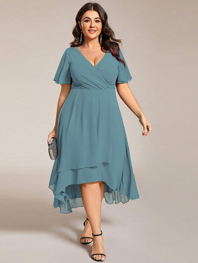 Plus Size Chiffon Short Sleeve High-Low Wedding Guest Dress #color_Light Teal