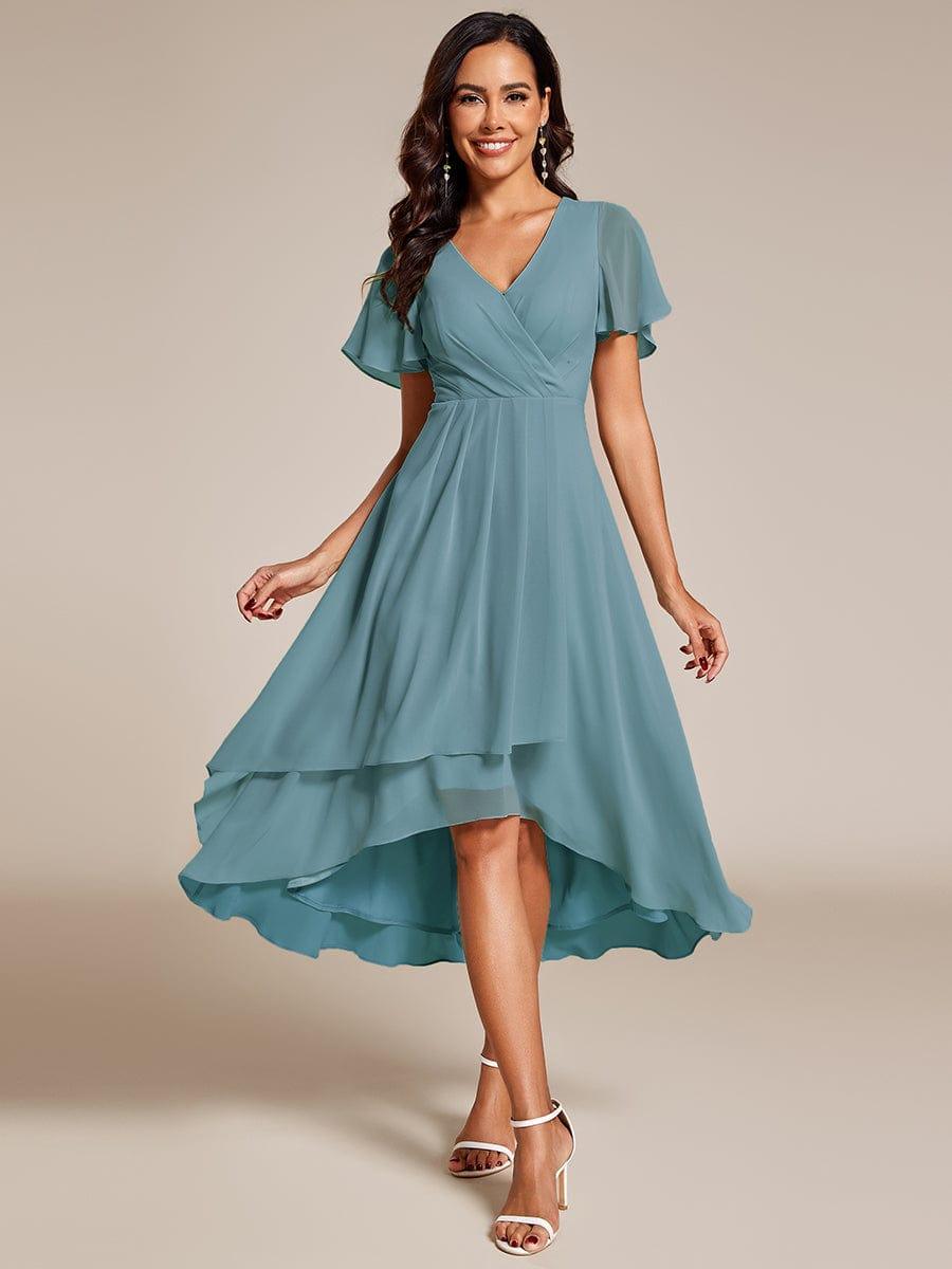 Chiffon Elegance Short Sleeve High-Low Wedding Guest Dress #color_Light Teal