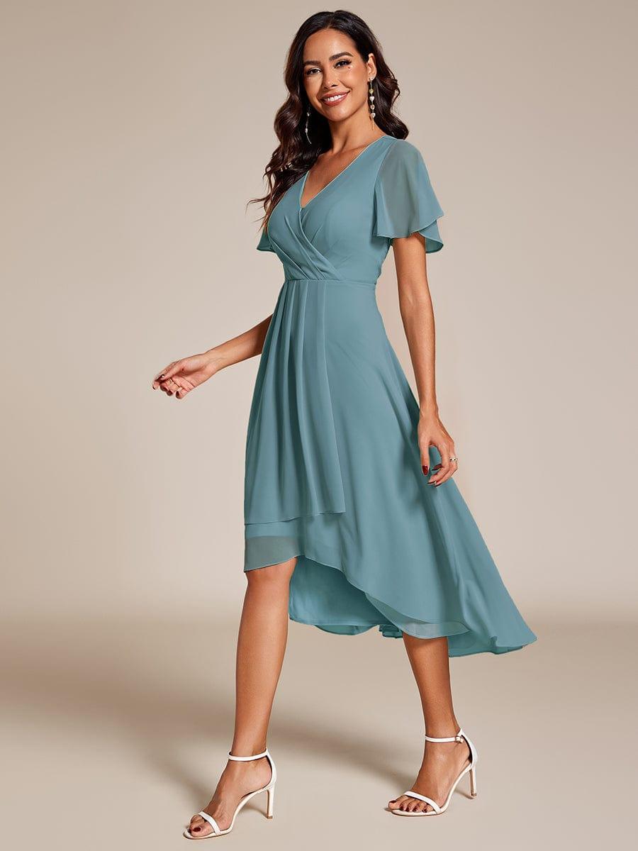 Chiffon Elegance Short Sleeve High-Low Wedding Guest Dress #color_Light Teal