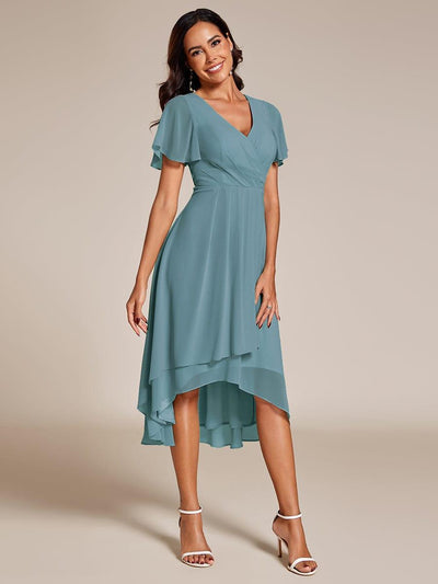 Chiffon Elegance Short Sleeve High-Low Wedding Guest Dress #color_Light Teal