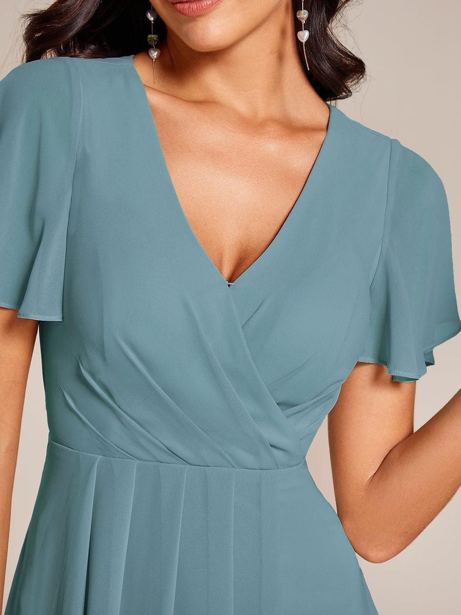 Chiffon Elegance Short Sleeve High-Low Wedding Guest Dress #color_Light Teal