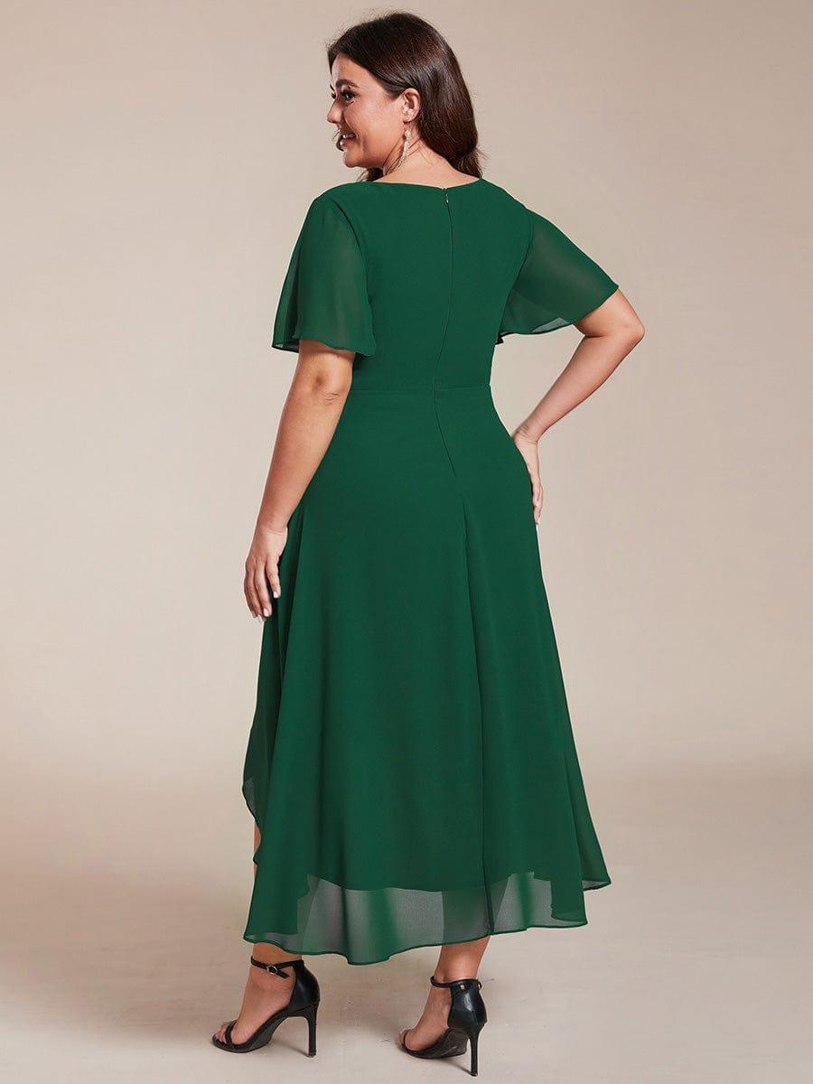 Chiffon Elegance Short Sleeve High-Low Bridesmaid Dress #color_Dark Green