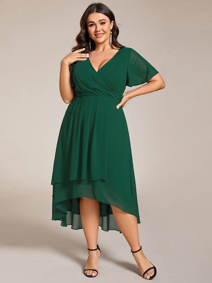 Chiffon Elegance Short Sleeve High-Low Bridesmaid Dress #color_Dark Green