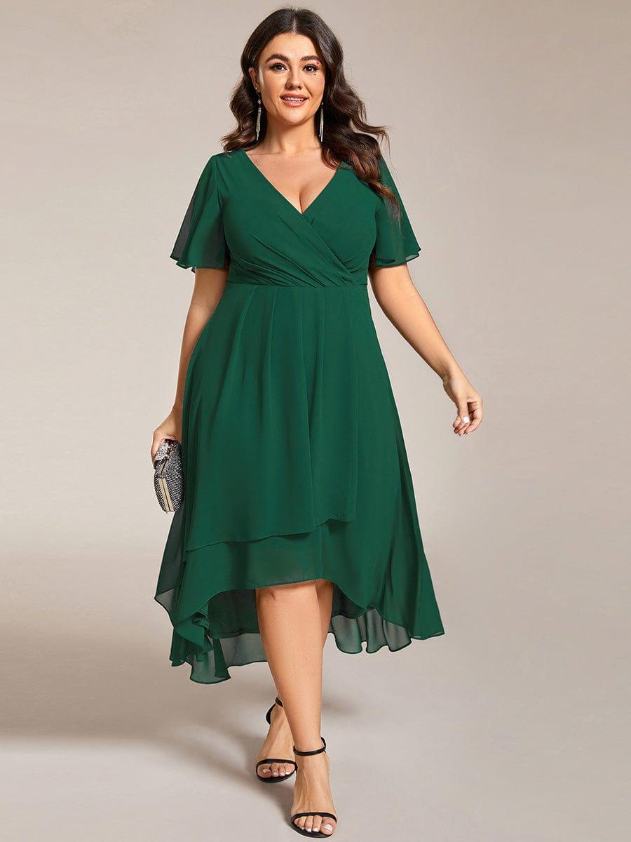 Chiffon Elegance Short Sleeve High-Low Wedding Guest Dress #color_Dark Green