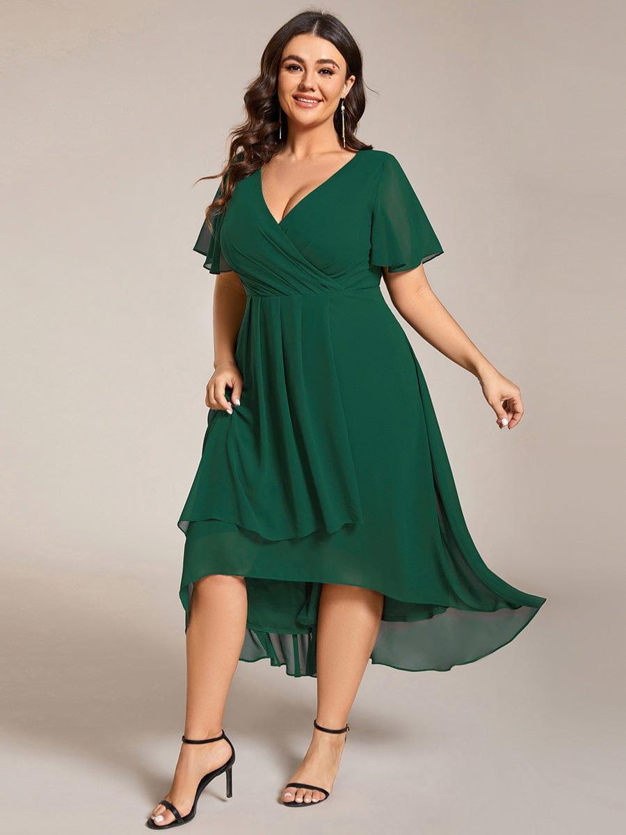 Chiffon Elegance Short Sleeve High-Low Bridesmaid Dress #color_Dark Green