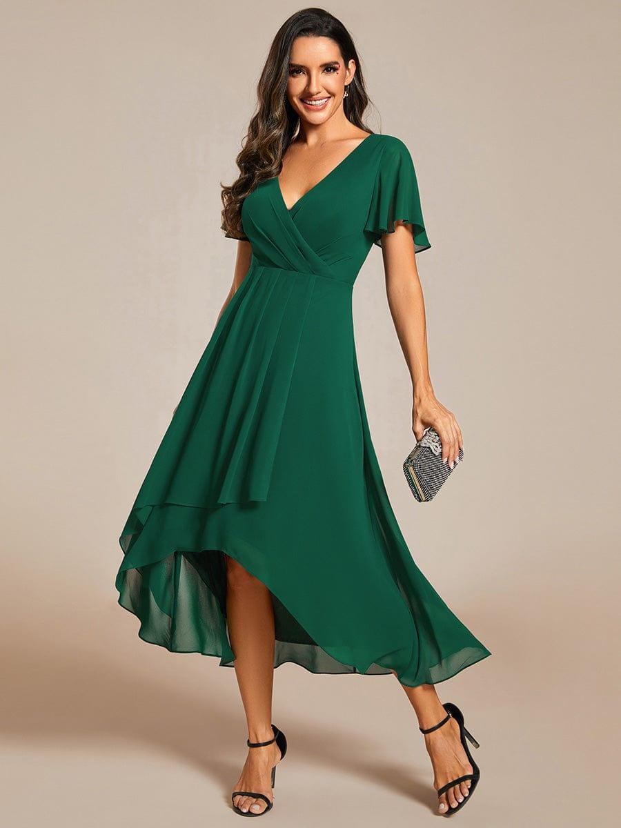 Chiffon Elegance Short Sleeve High-Low Bridesmaid Dress #color_Dark Green