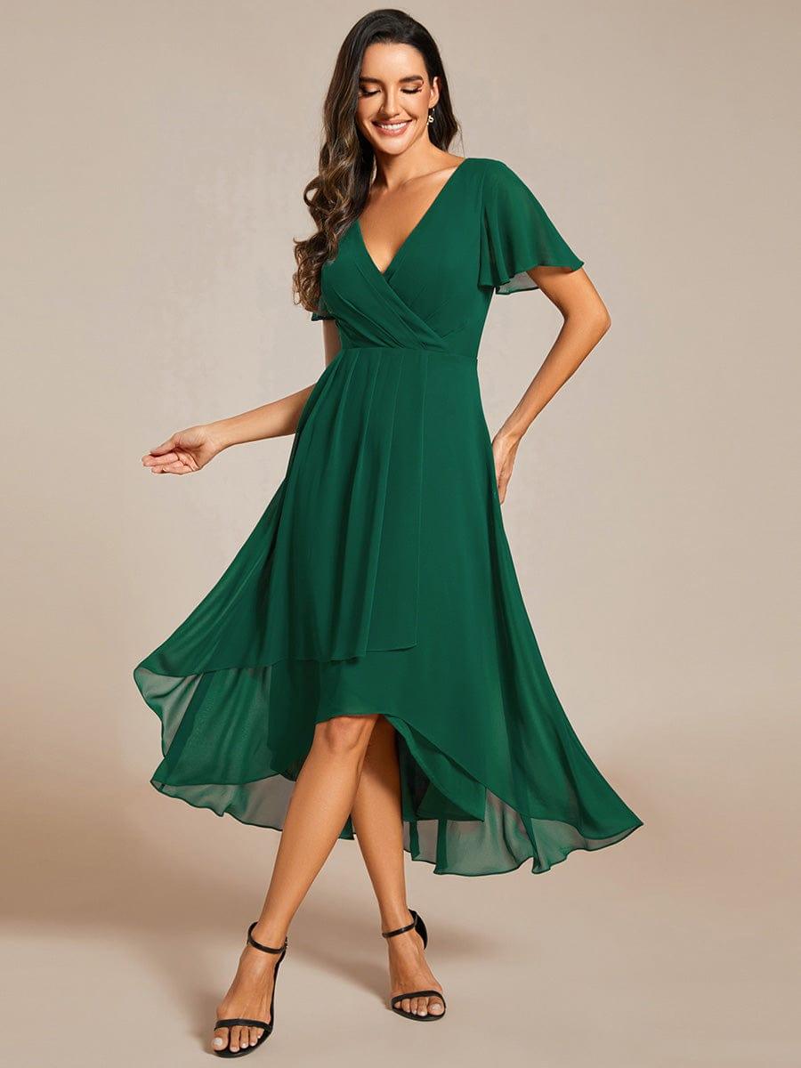 Chiffon Elegance Short Sleeve High-Low Bridesmaid Dress #color_Dark Green