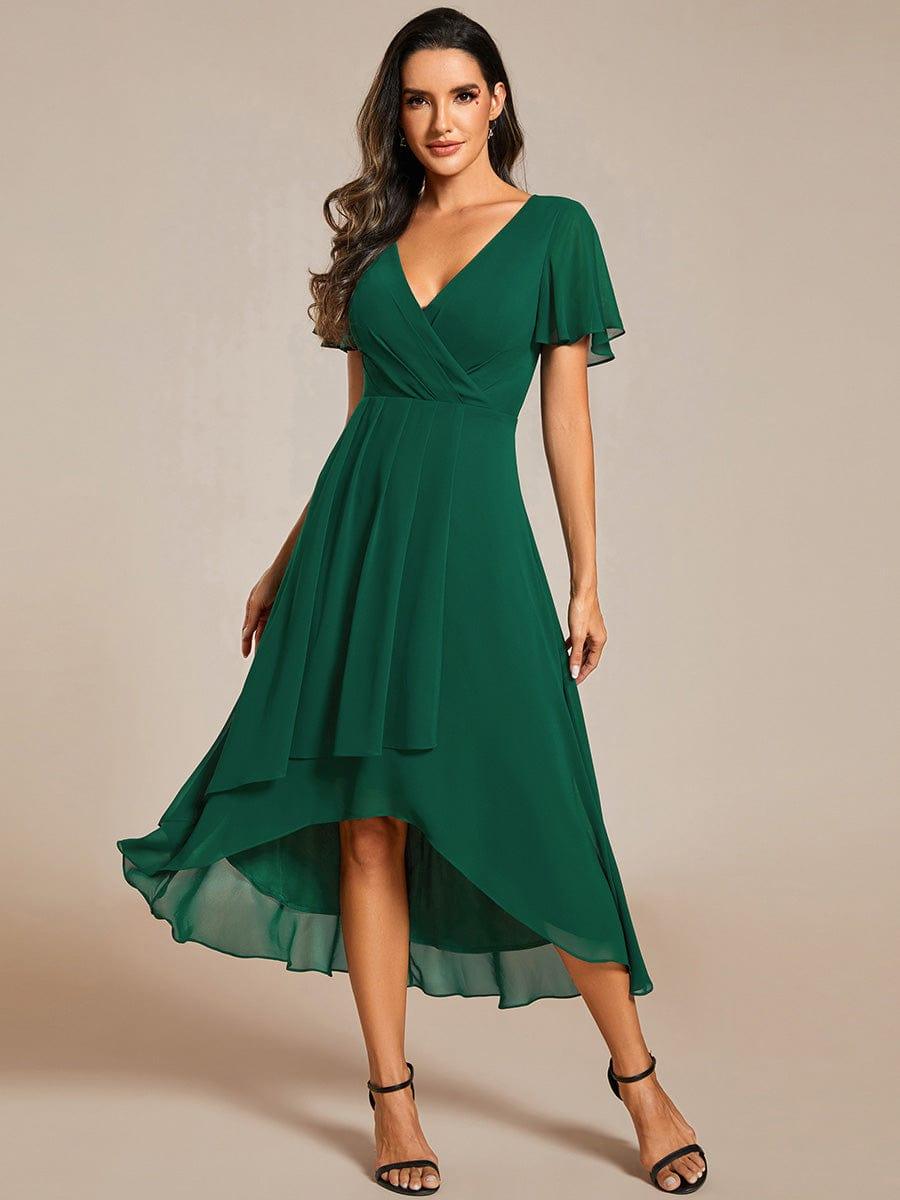 Chiffon Elegance Short Sleeve High-Low Bridesmaid Dress #color_Dark Green