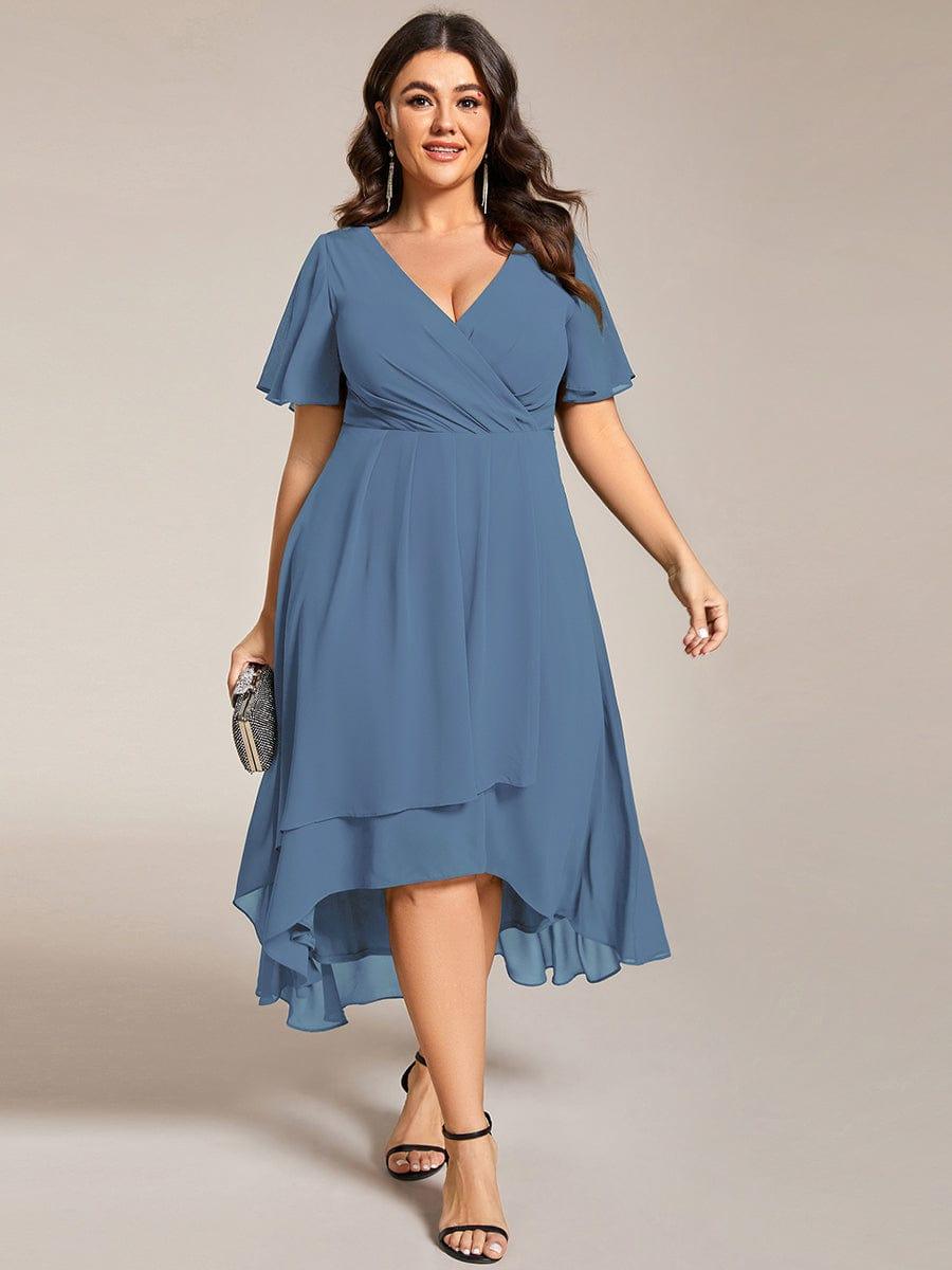 Chiffon Elegance Short Sleeve High-Low Wedding Guest Dress #color_Dusty Blue