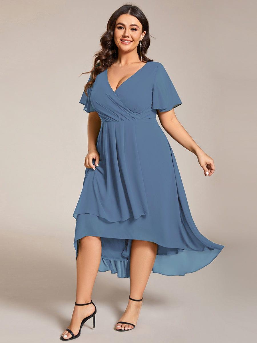 Plus Size Chiffon Short Sleeve High-Low Wedding Guest Dress #color_Dusty Blue