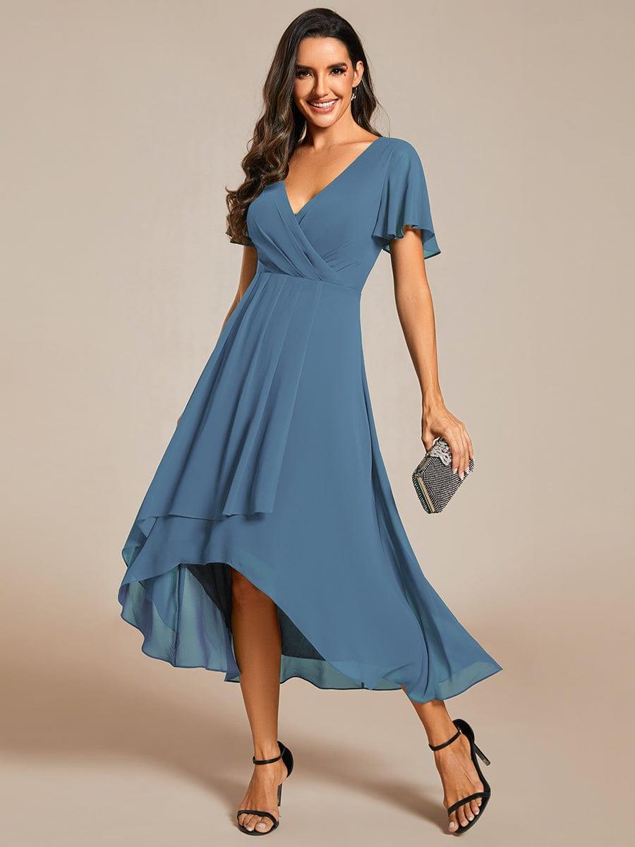 Chiffon Elegance Short Sleeve High-Low Wedding Guest Dress #color_Dusty Blue