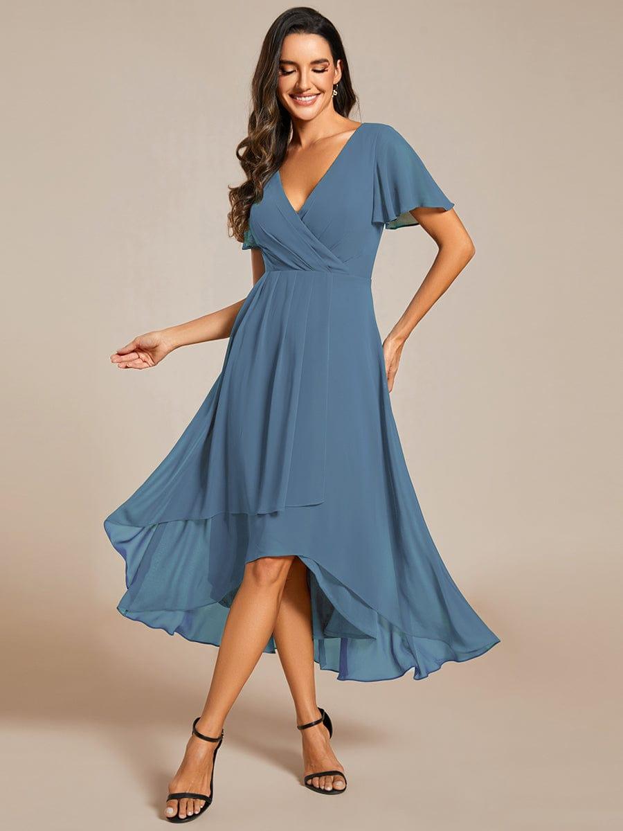 Chiffon Elegance Short Sleeve High-Low Wedding Guest Dress #color_Dusty Blue