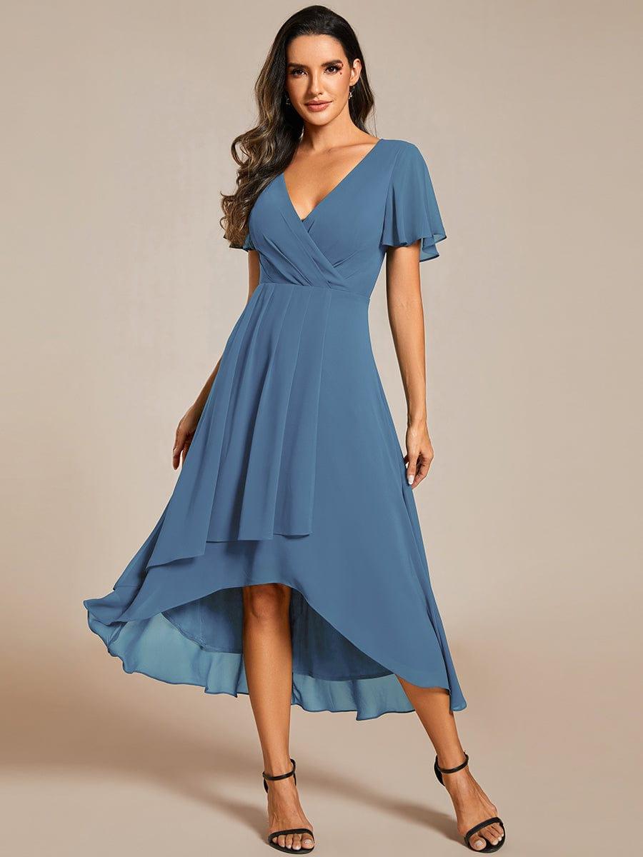 Chiffon Elegance Short Sleeve High-Low Wedding Guest Dress #color_Dusty Blue