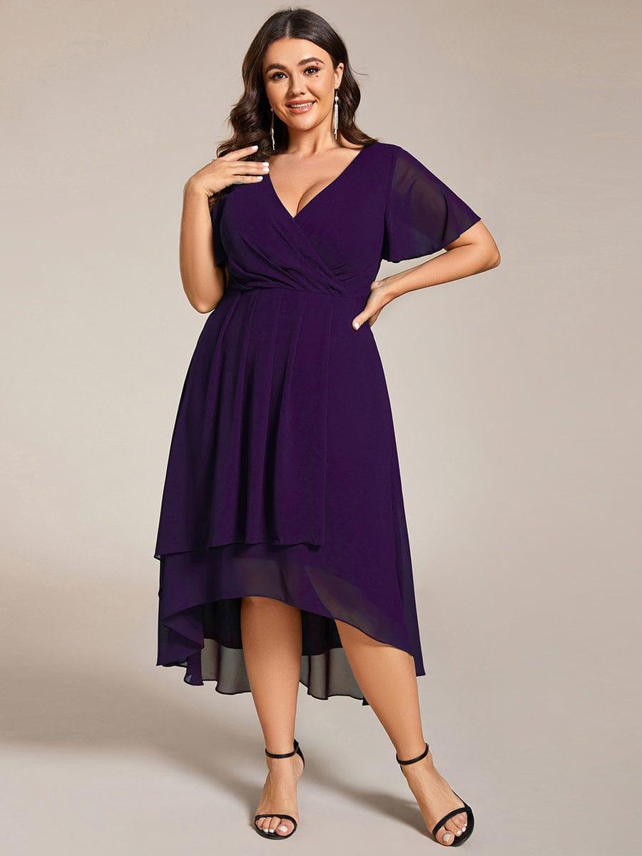 Chiffon Elegance Short Sleeve High-Low Bridesmaid Dress #color_Dark Purple