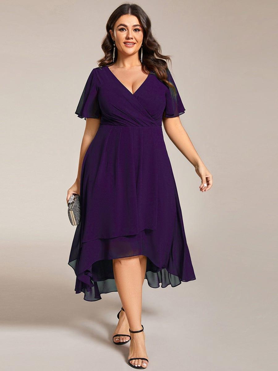 Chiffon Elegance Short Sleeve High-Low Bridesmaid Dress #color_Dark Purple