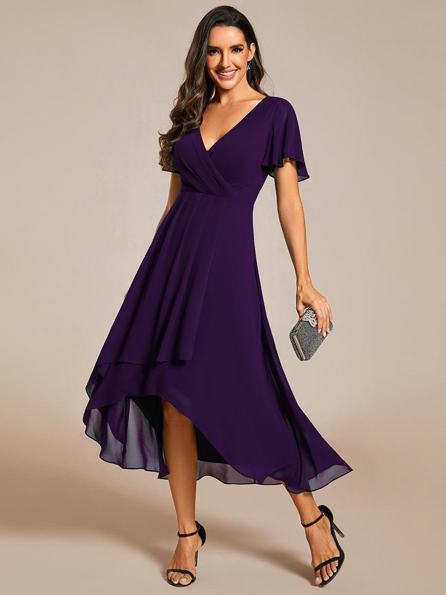 Chiffon Elegance Short Sleeve High-Low Bridesmaid Dress #color_Dark Purple