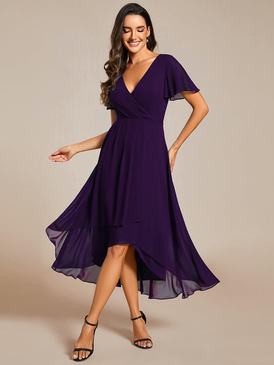 Chiffon Elegance Short Sleeve High-Low Bridesmaid Dress #color_Dark Purple