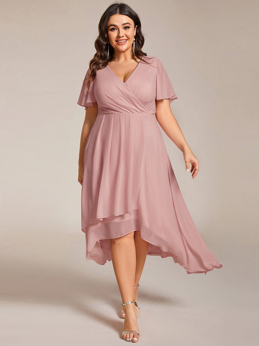 Chiffon Elegance Short Sleeve High-Low Wedding Guest Dress #color_Dusty Rose