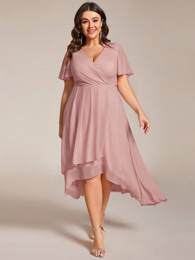Plus Size Chiffon Short Sleeve High-Low Wedding Guest Dress #color_Dusty Rose