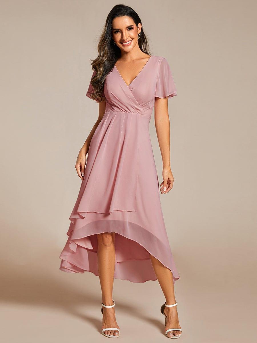 Chiffon Elegance Short Sleeve High-Low Bridesmaid Dress #color_Dusty Rose
