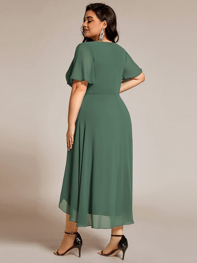 Plus Size Chiffon Short Sleeve High-Low Wedding Guest Dress #color_Eucalyptus Green