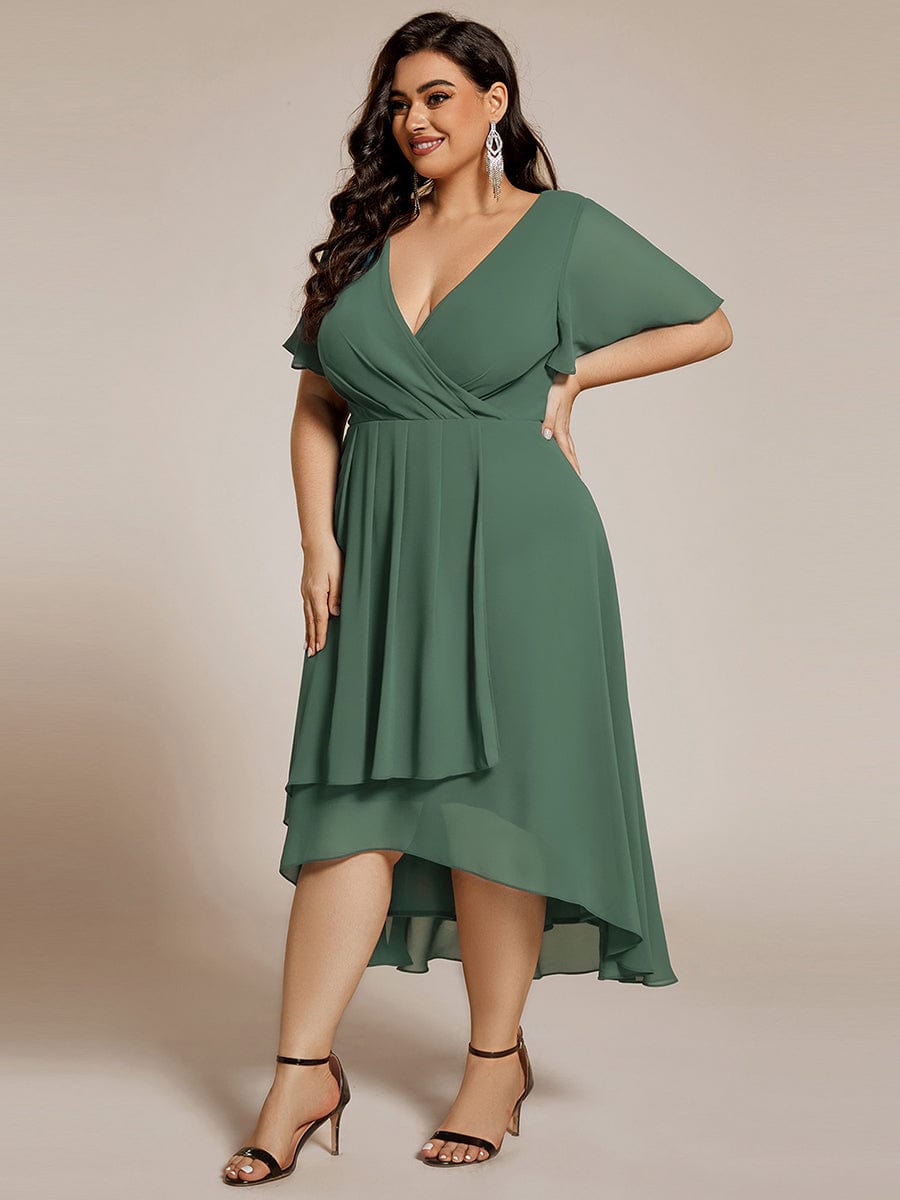 Chiffon Elegance Short Sleeve High-Low Wedding Guest Dress #color_Eucalyptus Green