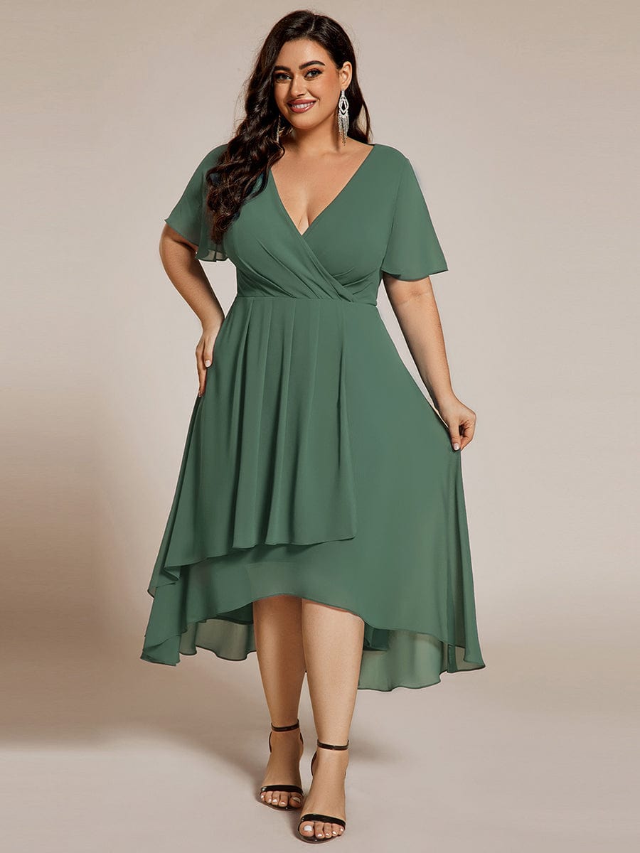 Plus Size Chiffon Short Sleeve High-Low Wedding Guest Dress #color_Eucalyptus Green