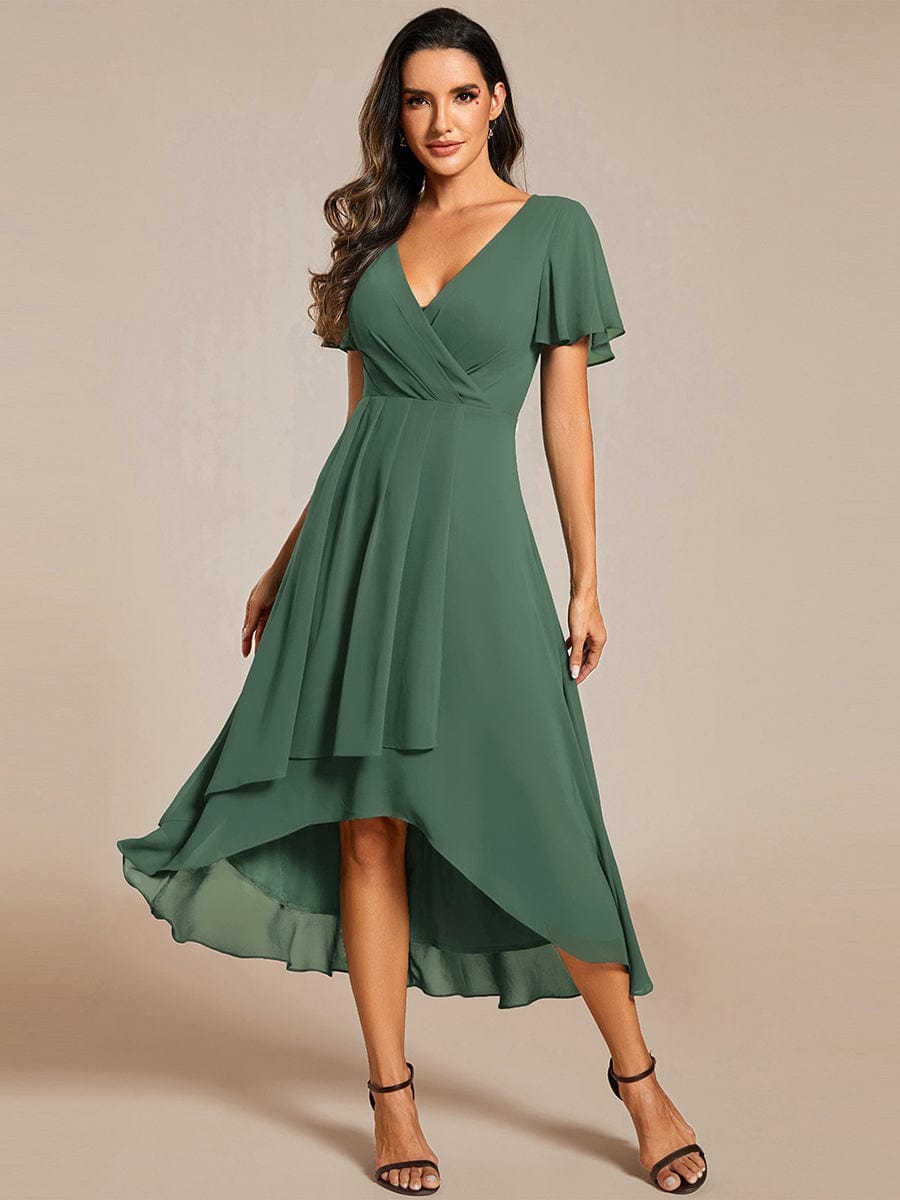 Chiffon Elegance Short Sleeve High-Low Wedding Guest Dress #color_Eucalyptus Green