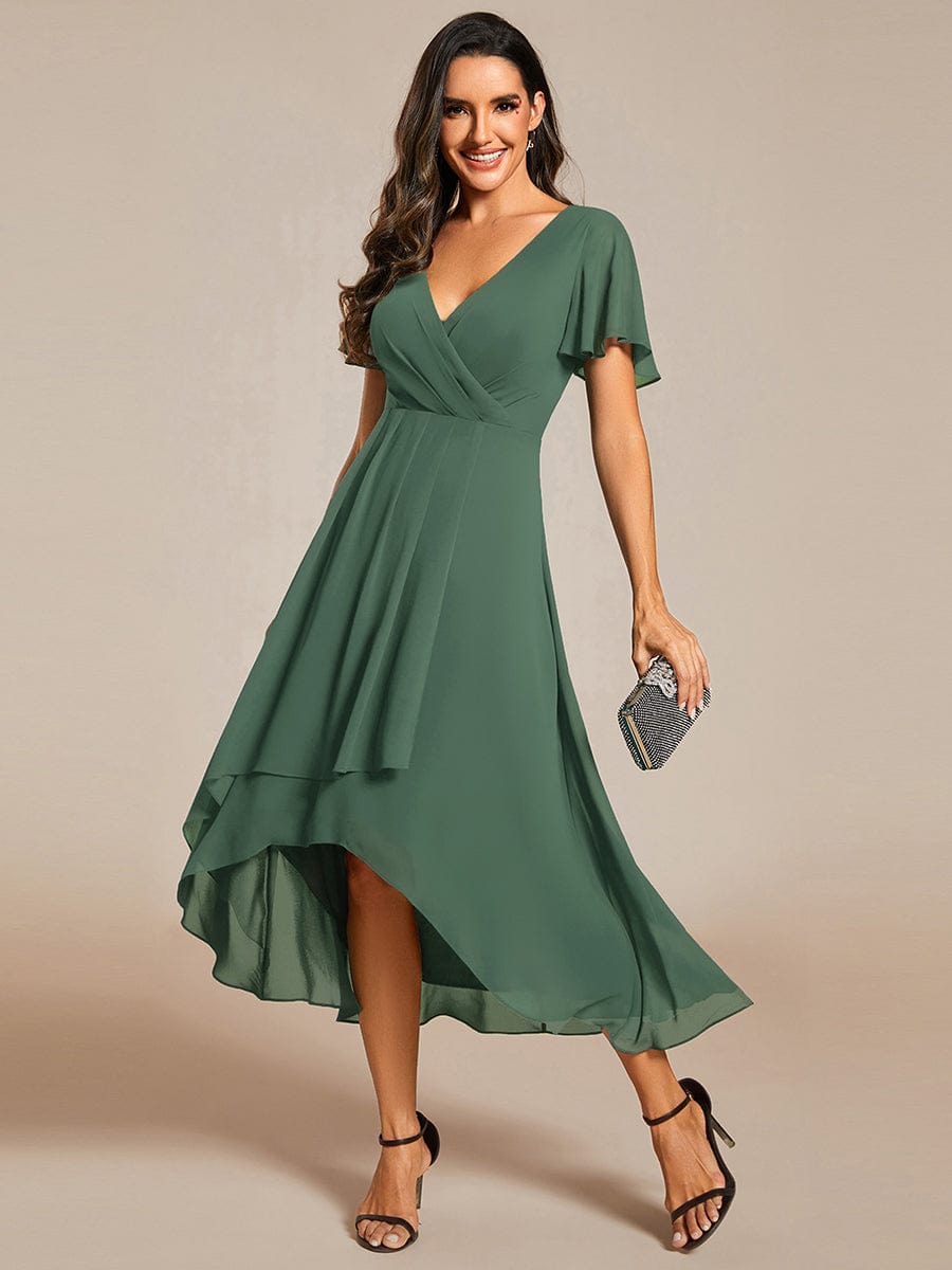 Chiffon Elegance Short Sleeve High-Low Wedding Guest Dress #color_Eucalyptus Green