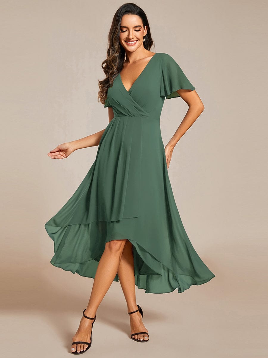 Chiffon Elegance Short Sleeve High-Low Wedding Guest Dress #color_Eucalyptus Green