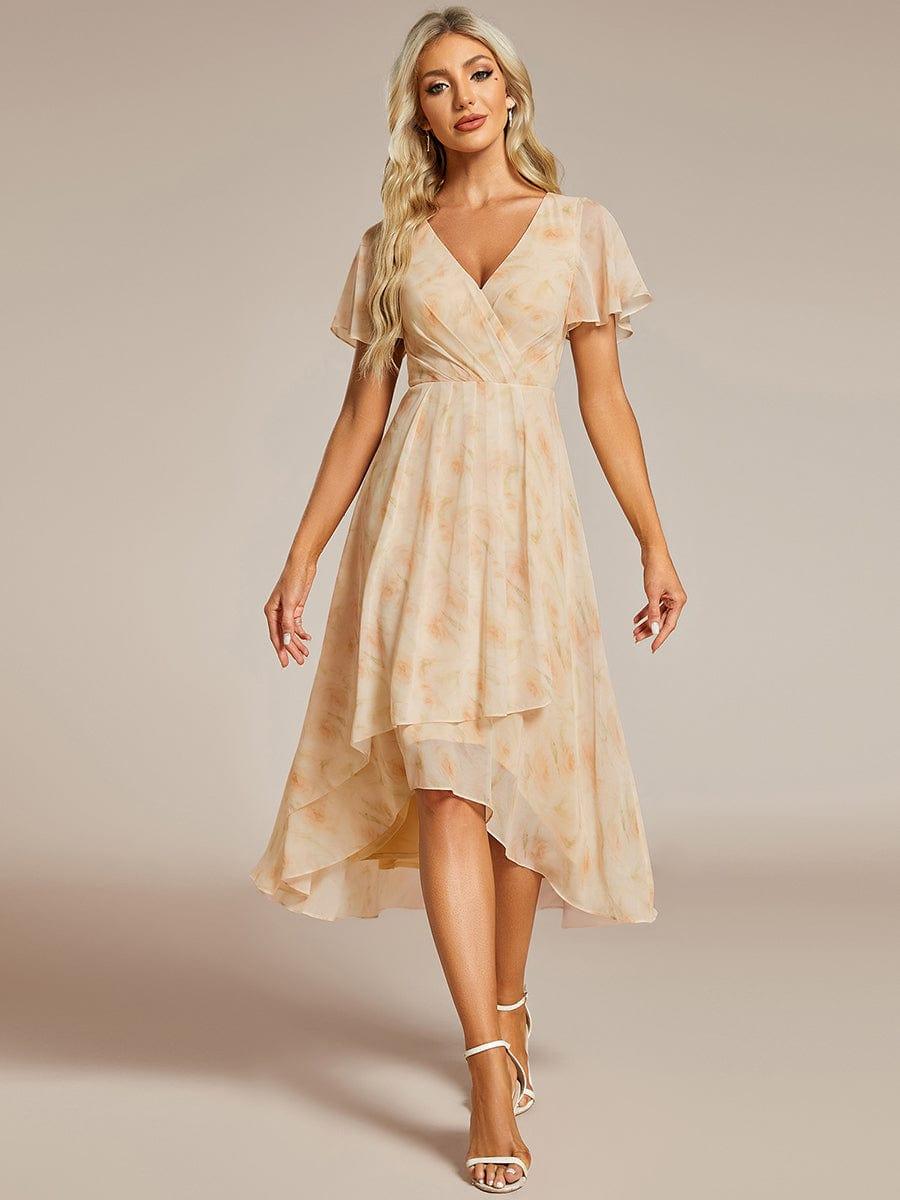 Floral Chiffon Elegance Short Sleeve High-Low Wedding Guest Dress #color_Golden Roses