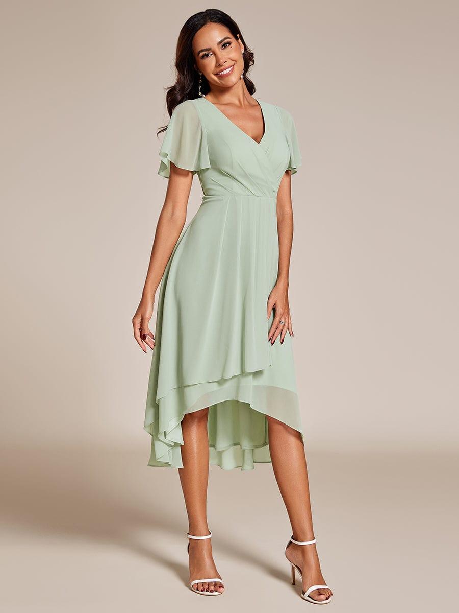Chiffon Elegance Short Sleeve High-Low Wedding Guest Dress #color_Mint Green