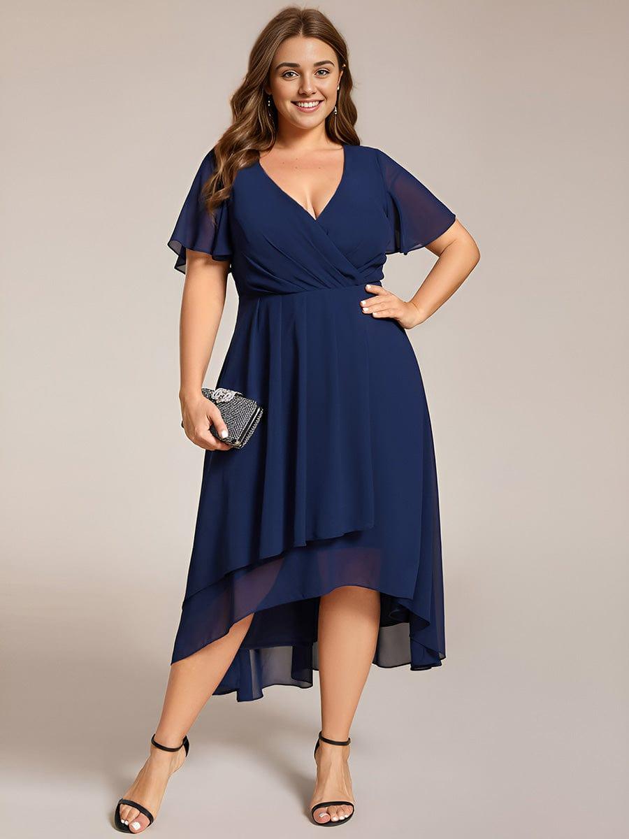Chiffon Elegance Short Sleeve High-Low Bridesmaid Dress #color_Navy Blue