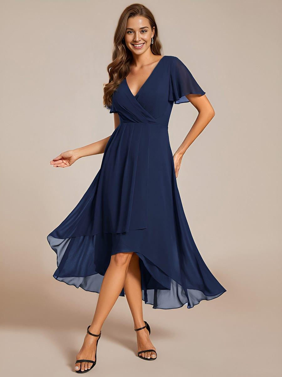 Chiffon Elegance Short Sleeve High-Low Bridesmaid Dress #color_Navy Blue
