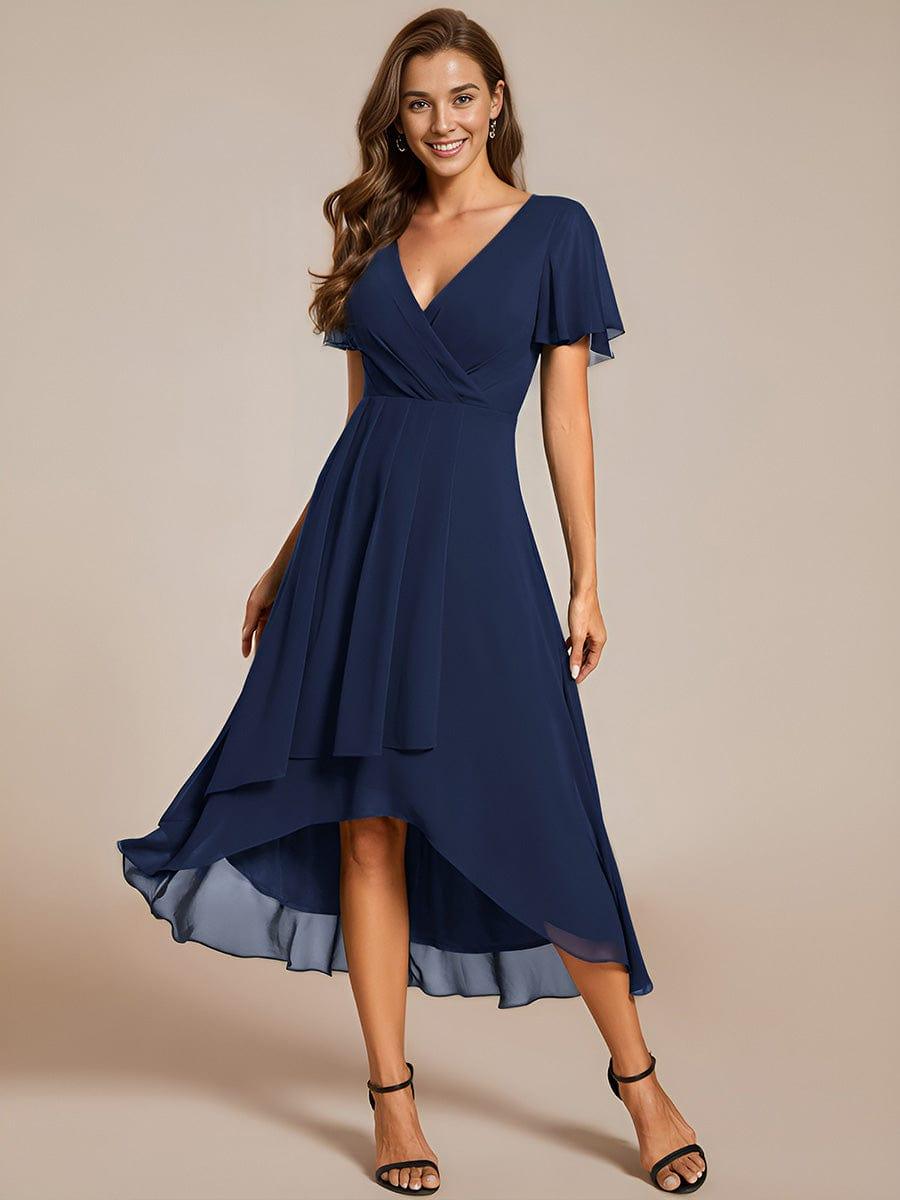 Chiffon Elegance Short Sleeve High-Low Wedding Guest Dress #color_Navy Blue