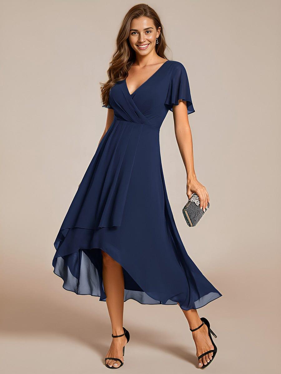 Chiffon Elegance Short Sleeve High-Low Bridesmaid Dress #color_Navy Blue