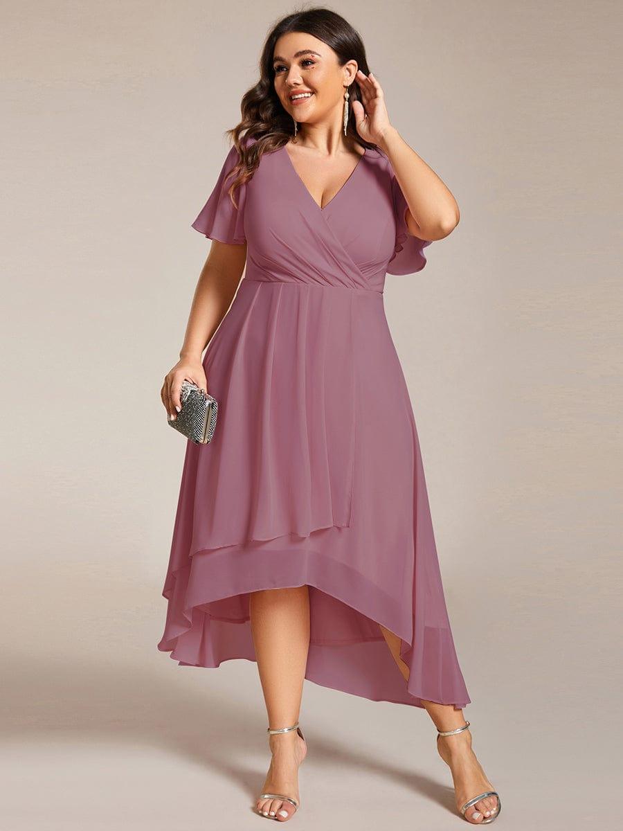 Chiffon Elegance Short Sleeve High-Low Bridesmaid Dress #color_Purple Orchid